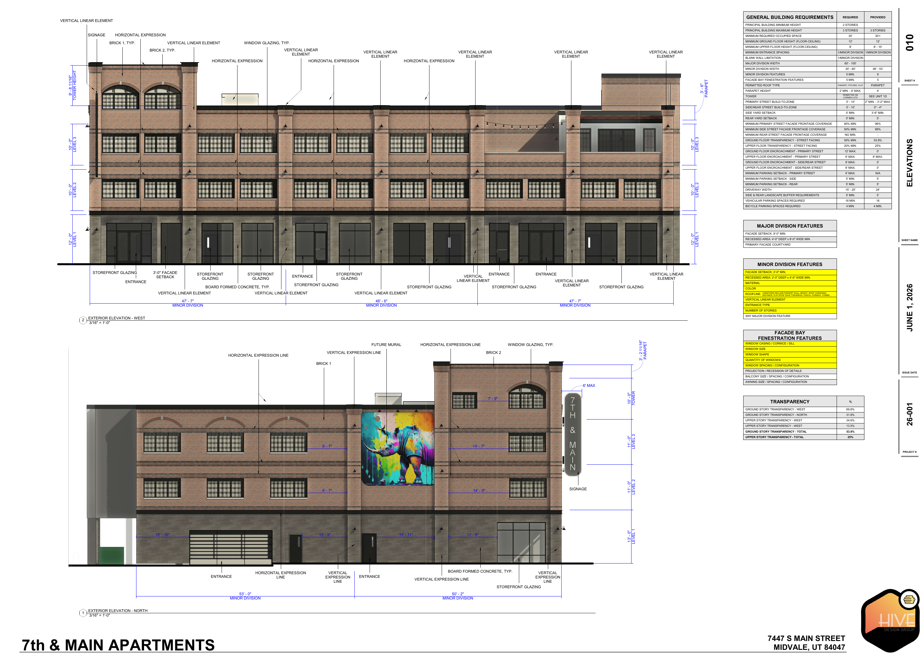 Color exterior elevations for the 7th & Main Apartments mixed-use development in Midvale, Utah